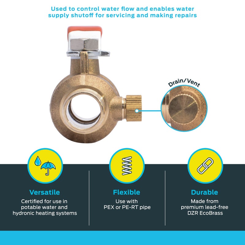 SharkBite 3/4 Inch Crimp Ball Valve with Drain, Brass Plumbing Fitting, PEX Pipe, PE-RT, 24613LFA - Image 3